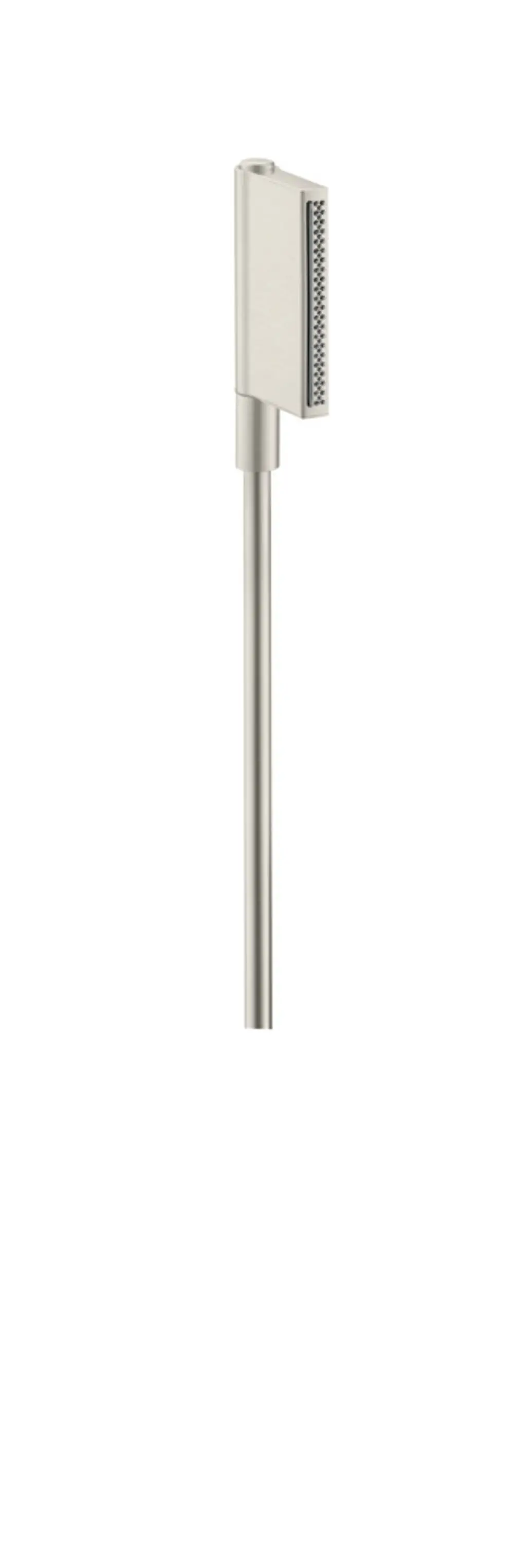 Edelstahl-Handbrause mit zwei Düsen, auf einem geraden, schmalen Griff montiert. Das Design ist schlicht und modern, produziert von AXOR.